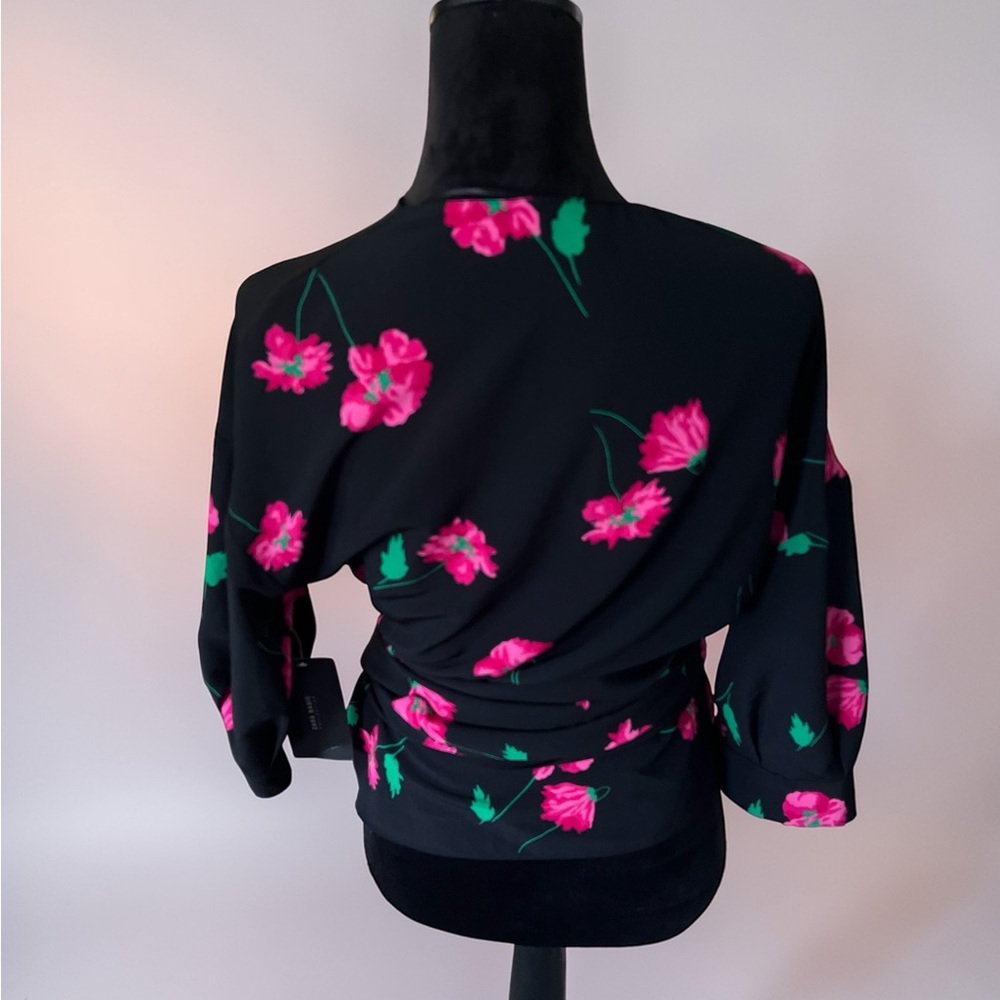 Zara basic Floral Wrap Blouse in Black with Pink Blooms - Picture 5 of 5
